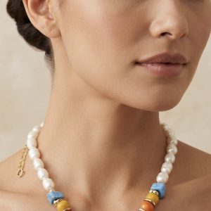Seramik Göz Uçlu Bodrum Boncuklu Tatlısu İnci Kolye – Çok Renkli / Ekru / Gold