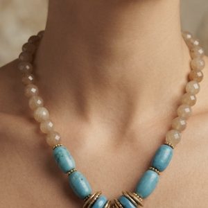 Seramik Göz Uçlu Sitrin & Turkuaz Doğaltaş Kolye – Bal Köpüğü / Mavi / Gold
