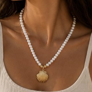 Deniz Kabuğu Uçlu Doğal Tatlısu İnci Kolye – Beyaz / Gold